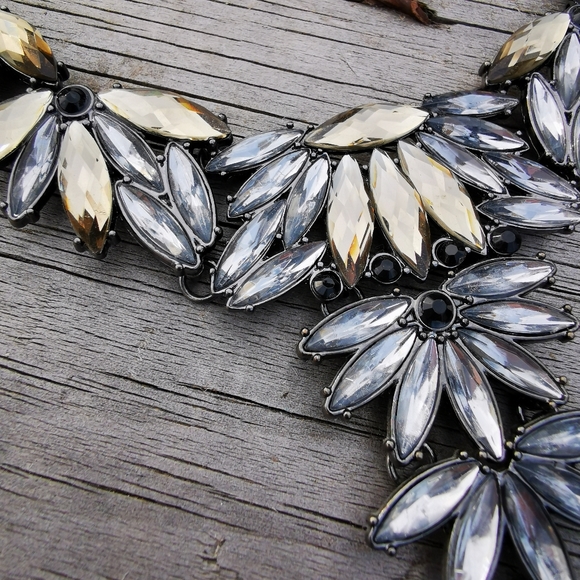 Smokey Gray and Light Amber Rhinestone Long Front Statement Necklace - Picture 8 of 15